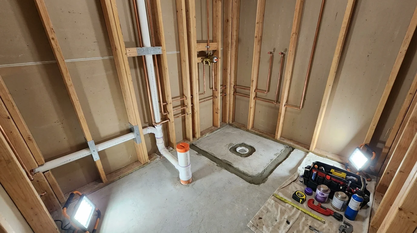 Bathroom rough-in plumbing during remodel by Johns Plumbing LLC in Vado