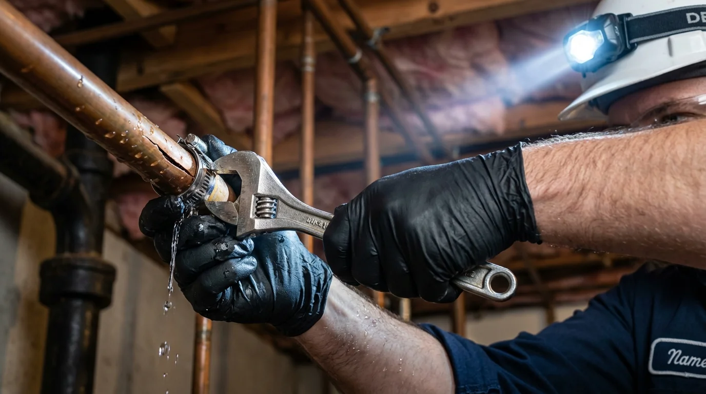 Emergency pipe clamp repair being performed by a Johns Plumbing LLC plumber in Vado