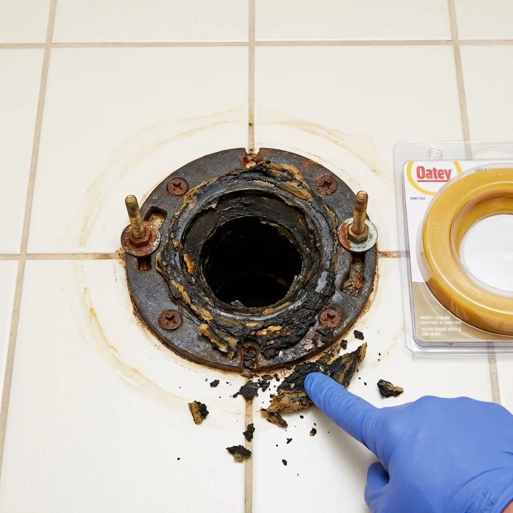 Failed wax ring showing water seepage at the base of a toilet in a Vado, NM home