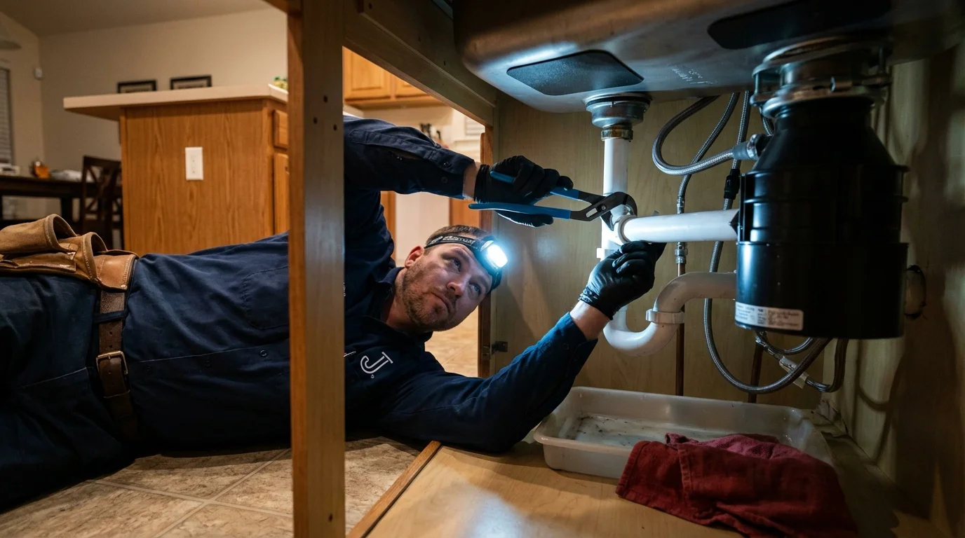 P-trap and supply line connections under a kitchen sink showing a common leak point in Vado, NM